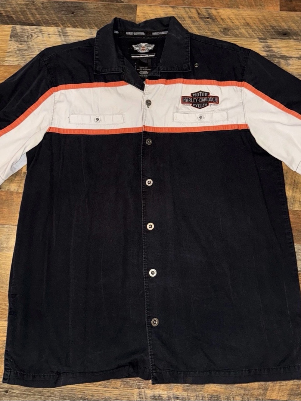 Vtg Harley Davidson Motorcycles Mechanic Bar And Shield Button Up Shirt Large